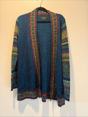 Icelandic Teal Multicolor Open-Front Knit Cardigan Size Large 50% Wool